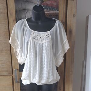 Free People Ivory Sheer Lace-Trim Peasant Top